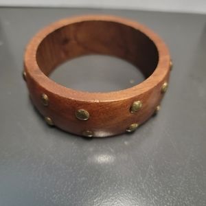 Vintage Thick Wood Brass Studded Wrist Bracelet